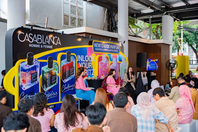 Casablanca perfume launch booth with guests